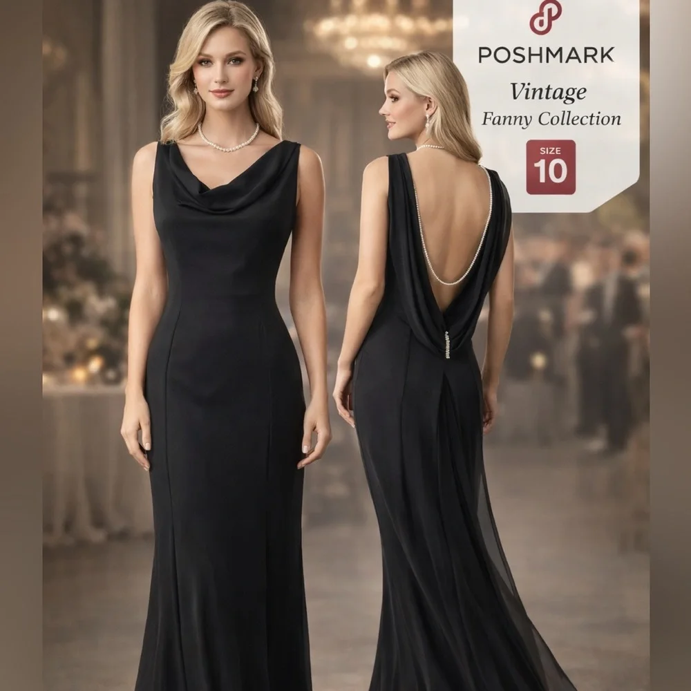 NWT, VTG Fanny Collection, Black,Draped Open-Back,Fishtail Evening Gown,Size 10